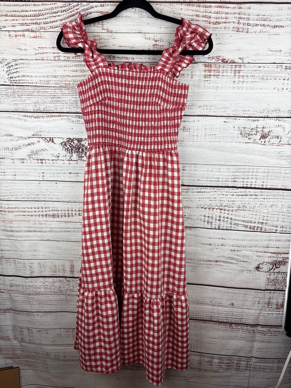 Womens NWT Pretty Garden Red White Gingham Sleeveless Maxi Dress Cottagecore S